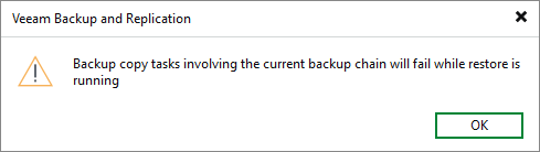 Ostrzeżenie o zadaniach Backup Copy podczas trwającego recovery.