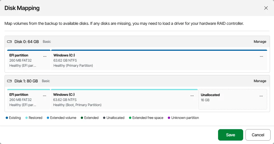 Ręczne przypisanie partycji EFI i Windows do pustego dysku docelowego 80 GB.