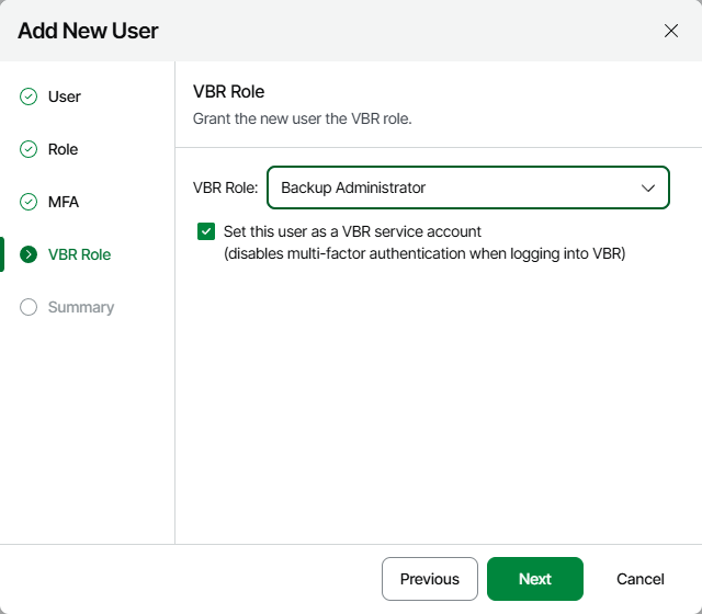 Przypisanie roli Backup Administrator oraz oznaczenie konta jako VBR service account.