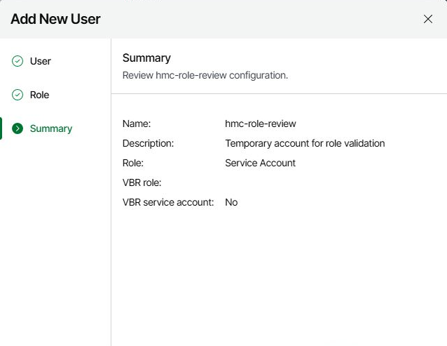 Podsumowanie kreatora dla roli Service Account w HMC, z pustą rolą VBR i ustawieniem VBR service account: No.