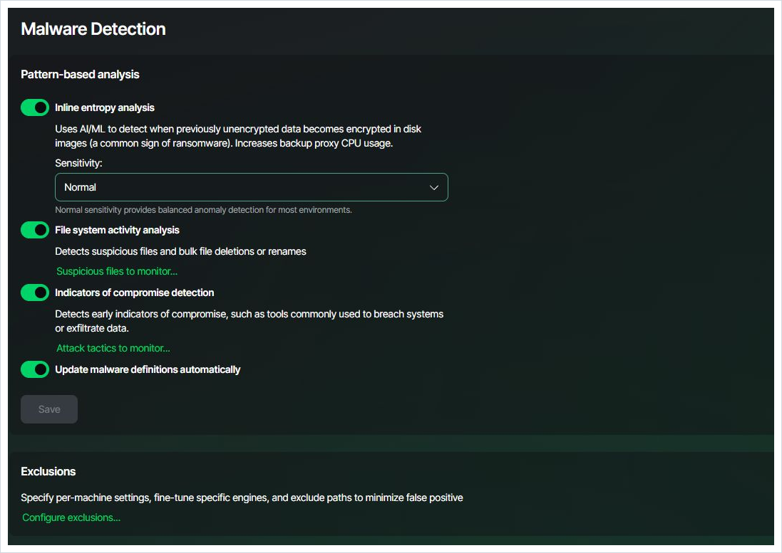 Ustawienia Malware Detection i wejście do wykluczeń dla maszyn w VBR Web UI.
