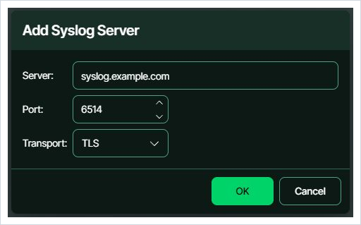 Przykład kreatora odbiorcy syslog z transportem TLS i portem 6514.