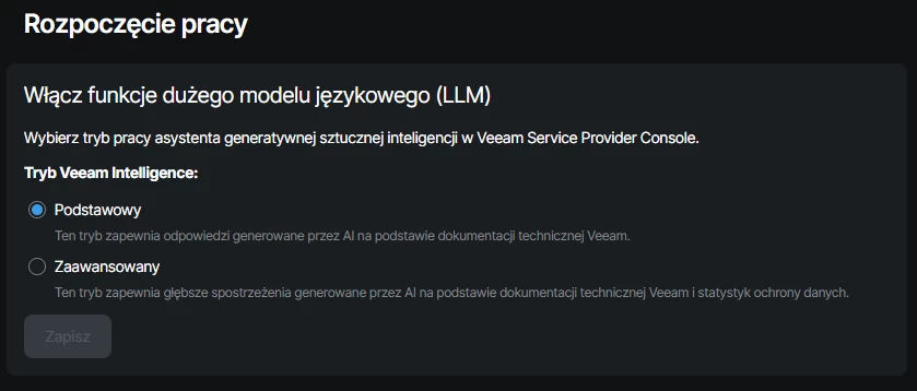 Wybór trybu Podstawowy lub Zaawansowany dla Veeam Intelligence w VSPC.